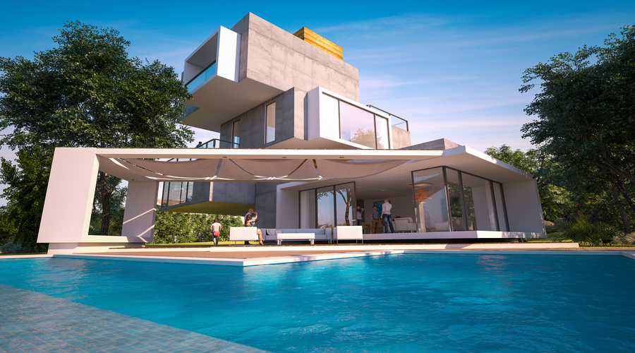 3D rendering of a modern house with pool and garden built in different independent levels